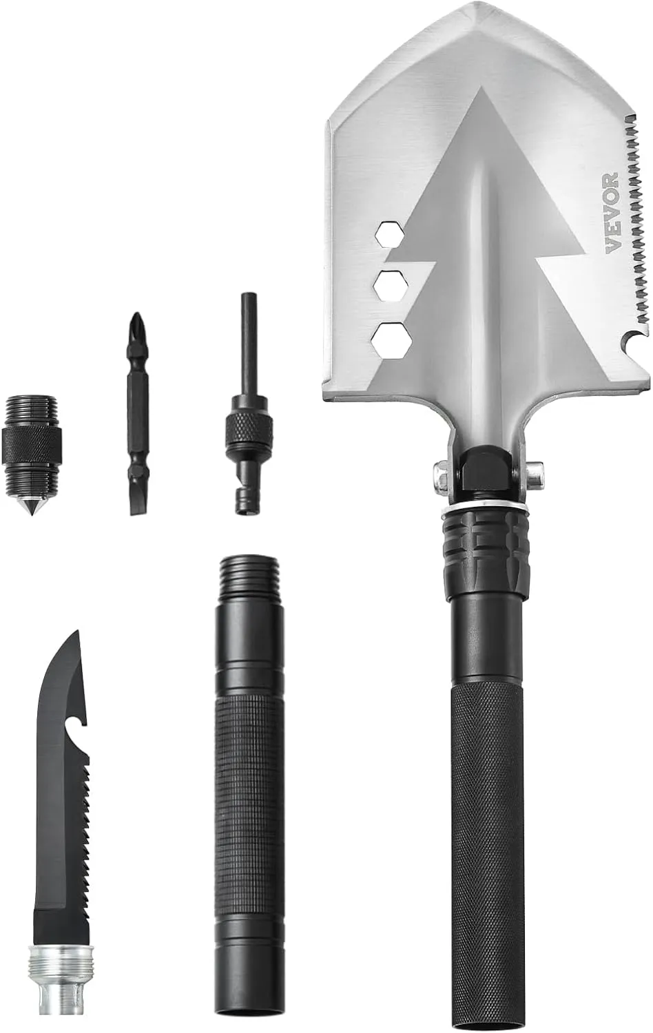 VEVOR Survival Shovel, 8 in 1 Camping Shovel Folding Multitool Kit, Portable and Compact, Stainless Steel, Multifunction for Off-Roading, Camping, Hiking, Outdoor, Survivalist and Emergency