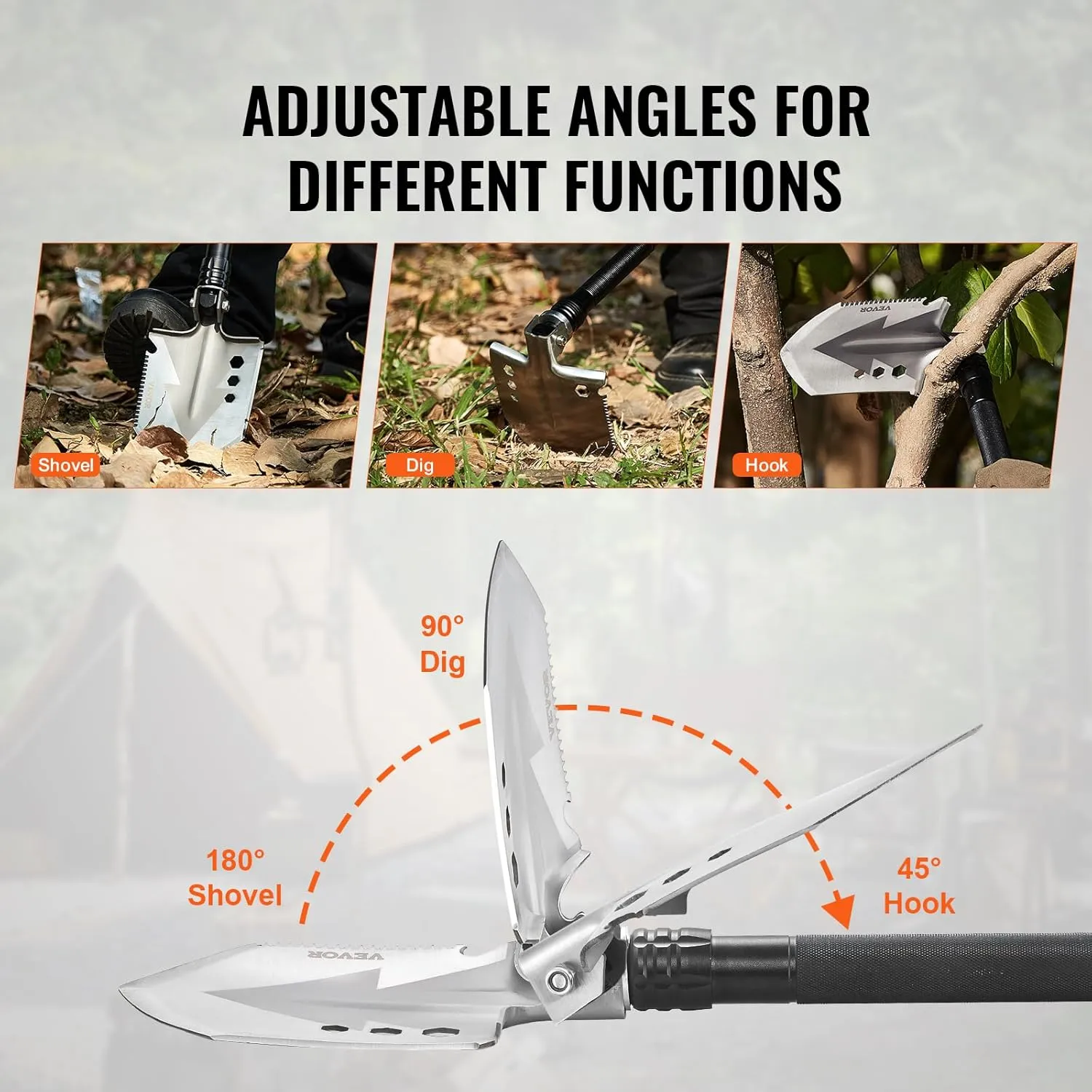 VEVOR Survival Shovel, 8 in 1 Camping Shovel Folding Multitool Kit, Portable and Compact, Stainless Steel, Multifunction for Off-Roading, Camping, Hiking, Outdoor, Survivalist and Emergency