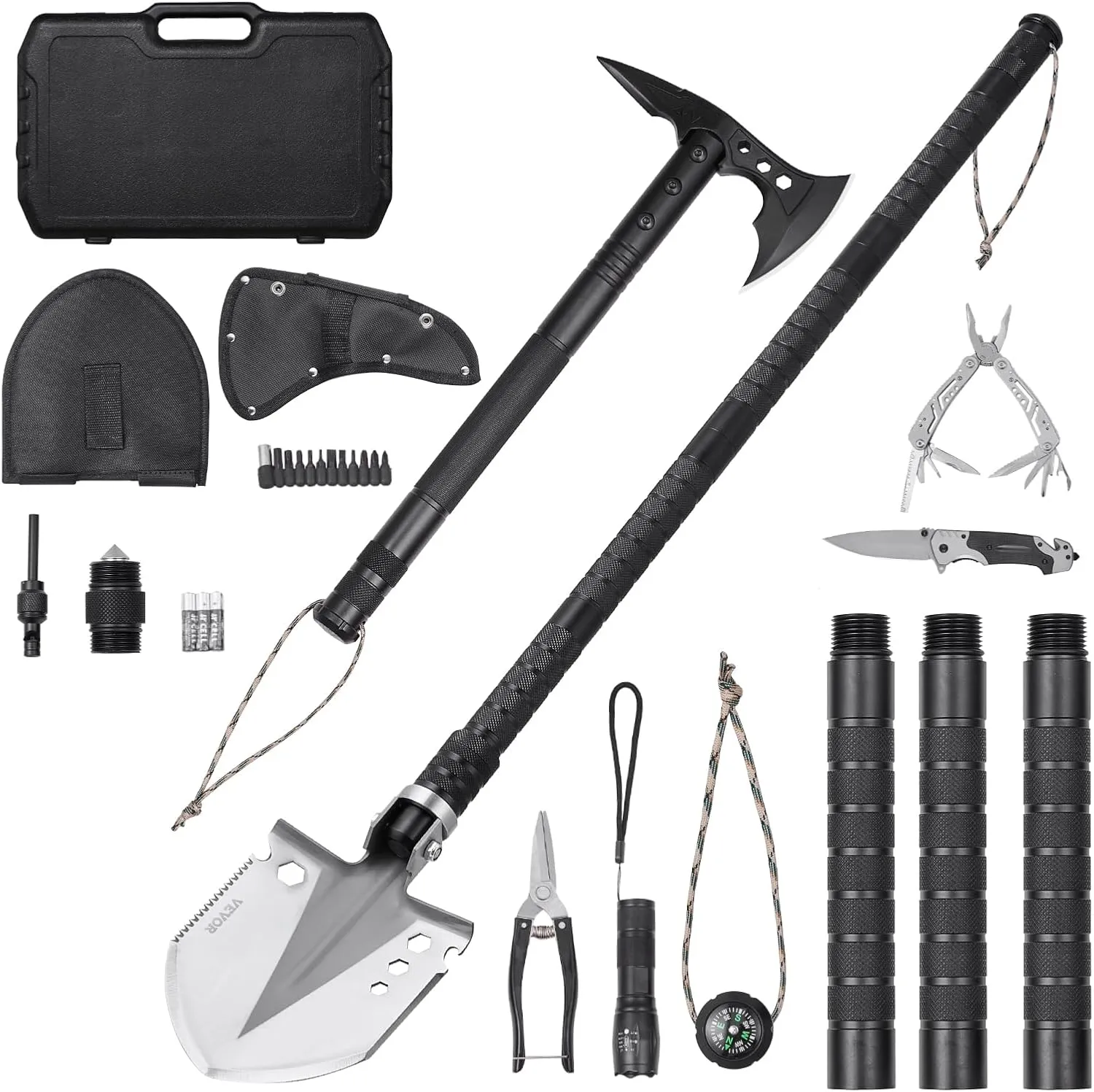 VEVOR Survival Shovel Survival Axe, 28-in-1 Camping Folding Shovels with Hatchet, Stainless Steel Tactical Shovel Hatchet Combo, Multifunctional Emergency Survival Gear Equipment for Camping Hiking