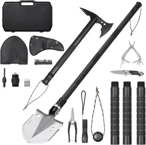 VEVOR Survival Shovel Survival Axe, 28-in-1 Camping Folding Shovels with Hatchet, Stainless Steel Tactical Shovel Hatchet Combo, Multifunctional Emergency Survival Gear Equipment for Camping Hiking