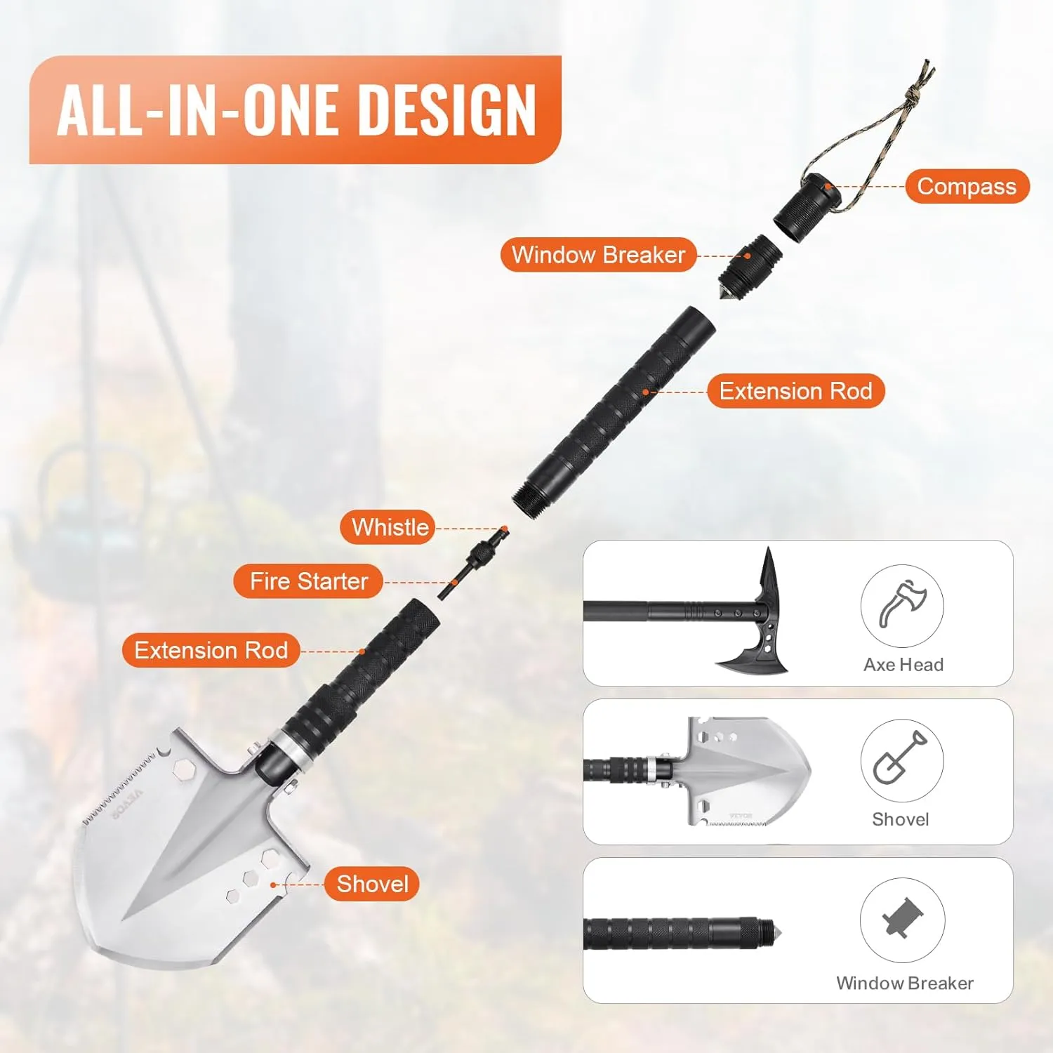 VEVOR Survival Shovel Survival Axe, 28-in-1 Camping Folding Shovels with Hatchet, Stainless Steel Tactical Shovel Hatchet Combo, Multifunctional Emergency Survival Gear Equipment for Camping Hiking