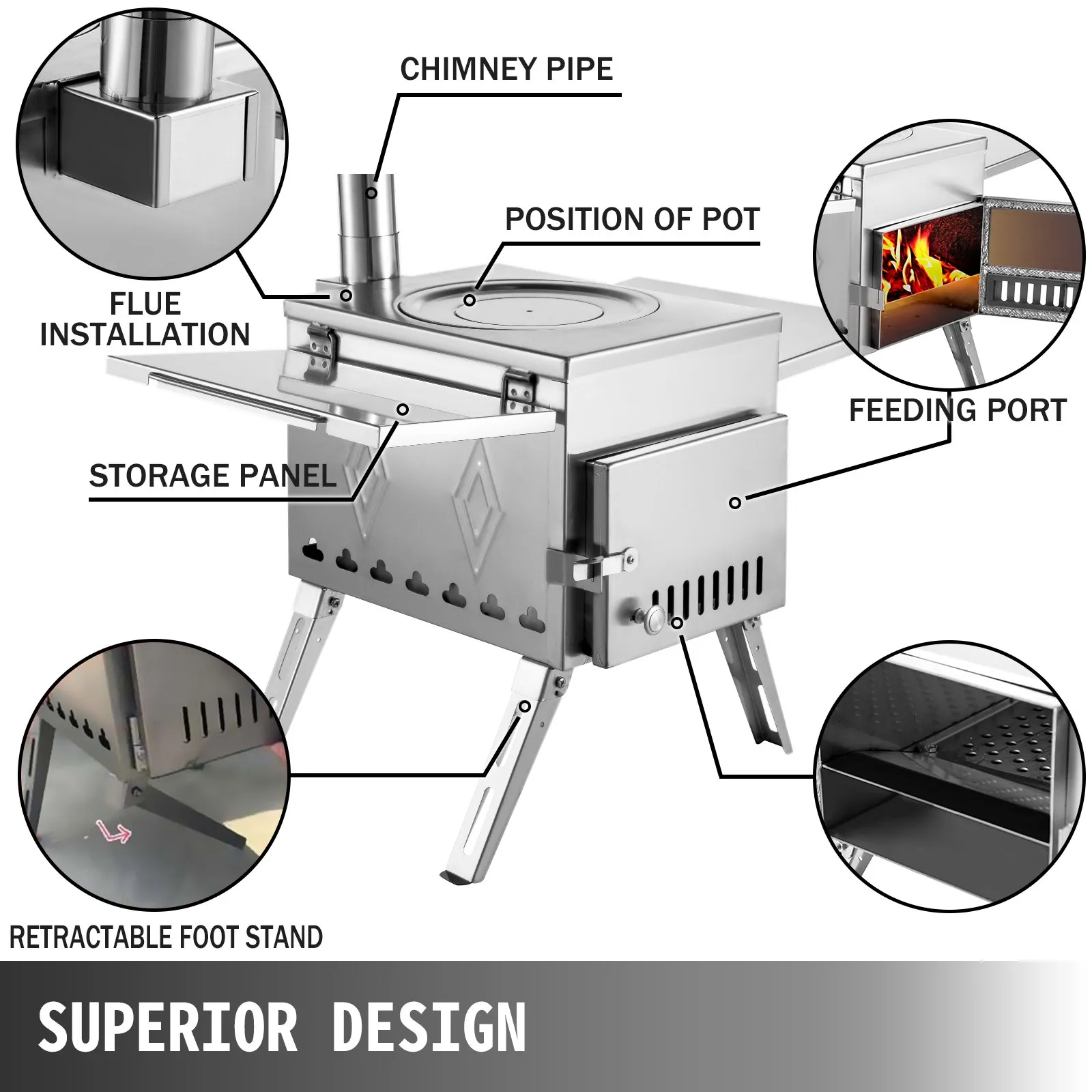 VEVOR Tent Wood Stove - Stainless Steel, Portable, and Efficient