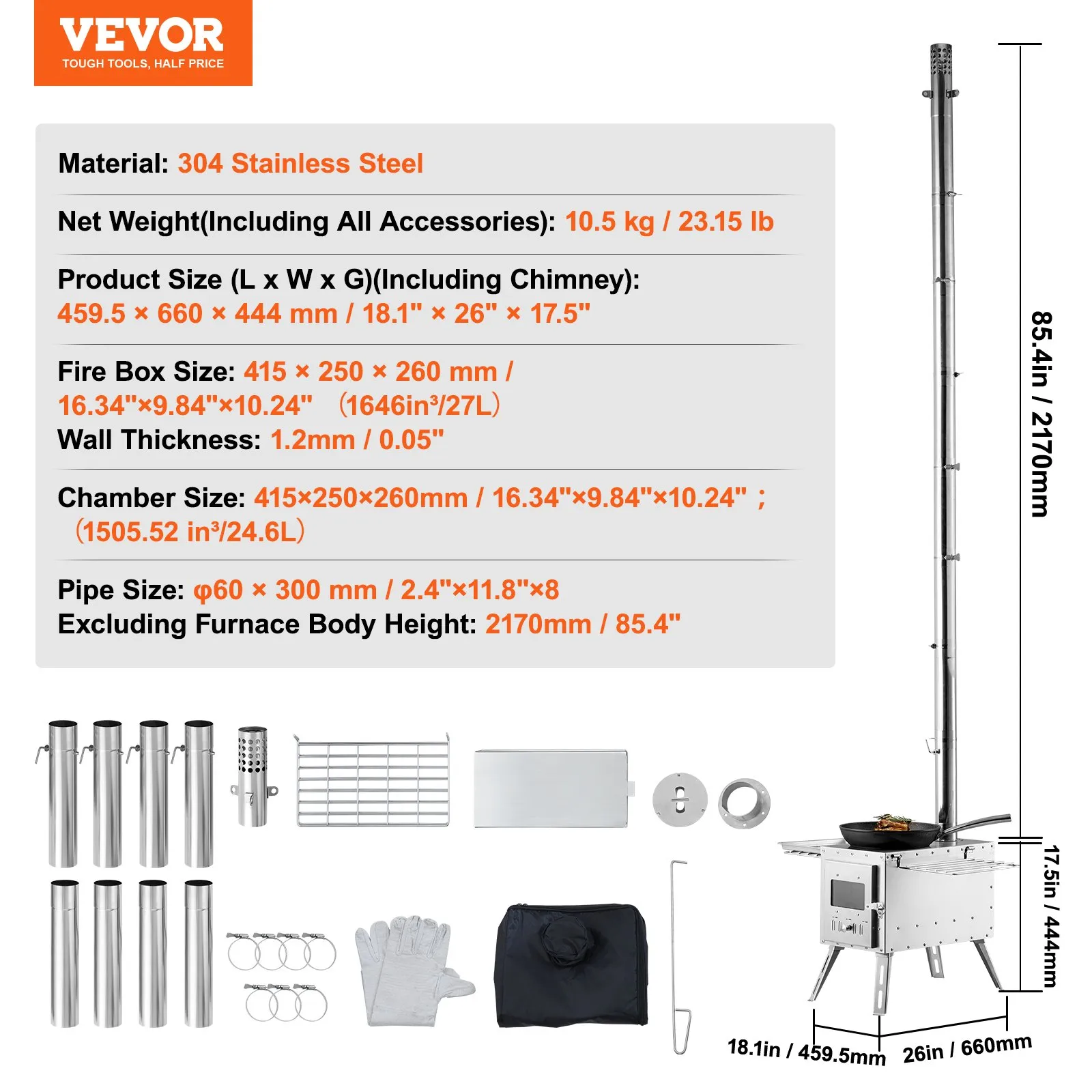 VEVOR Wood Stove, 86 inch, Stainless Steel Camping Tent Stove