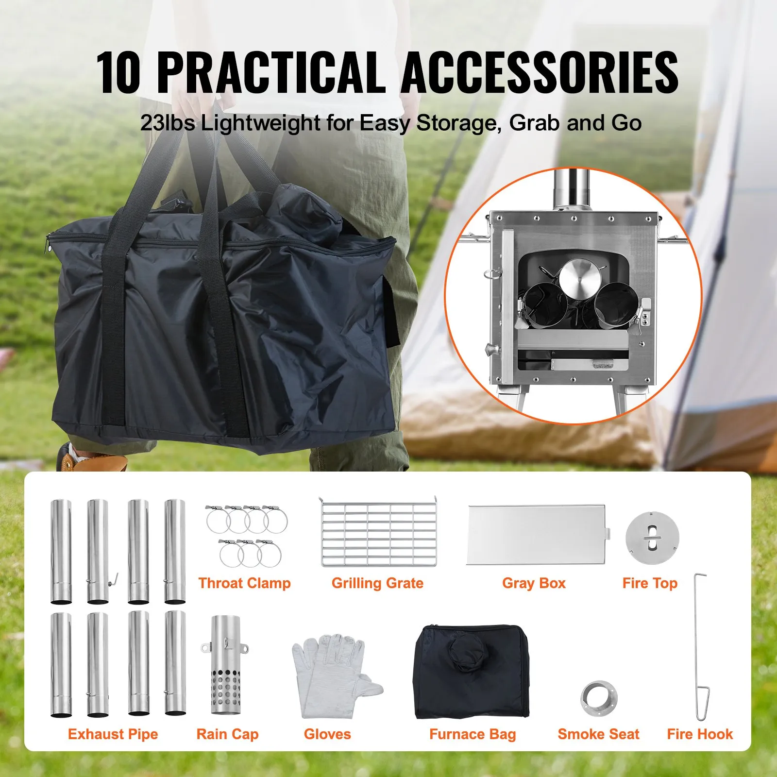 VEVOR Wood Stove, 86 inch, Stainless Steel Camping Tent Stove