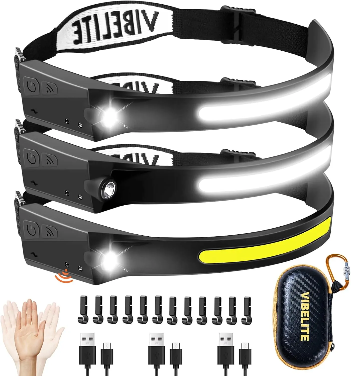 VIBELITE 3PCS Rechargeable Headlamp Flashlight, 230°Wide Beam Headlight with Motion Sensor, 5Mode Headlamps for Forehead, Waterproof Head Light for Camping, Running, Hiking