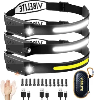 VIBELITE 3PCS Rechargeable Headlamp Flashlight, 230°Wide Beam Headlight with Motion Sensor, 5Mode Headlamps for Forehead, Waterproof Head Light for Camping, Running, Hiking
