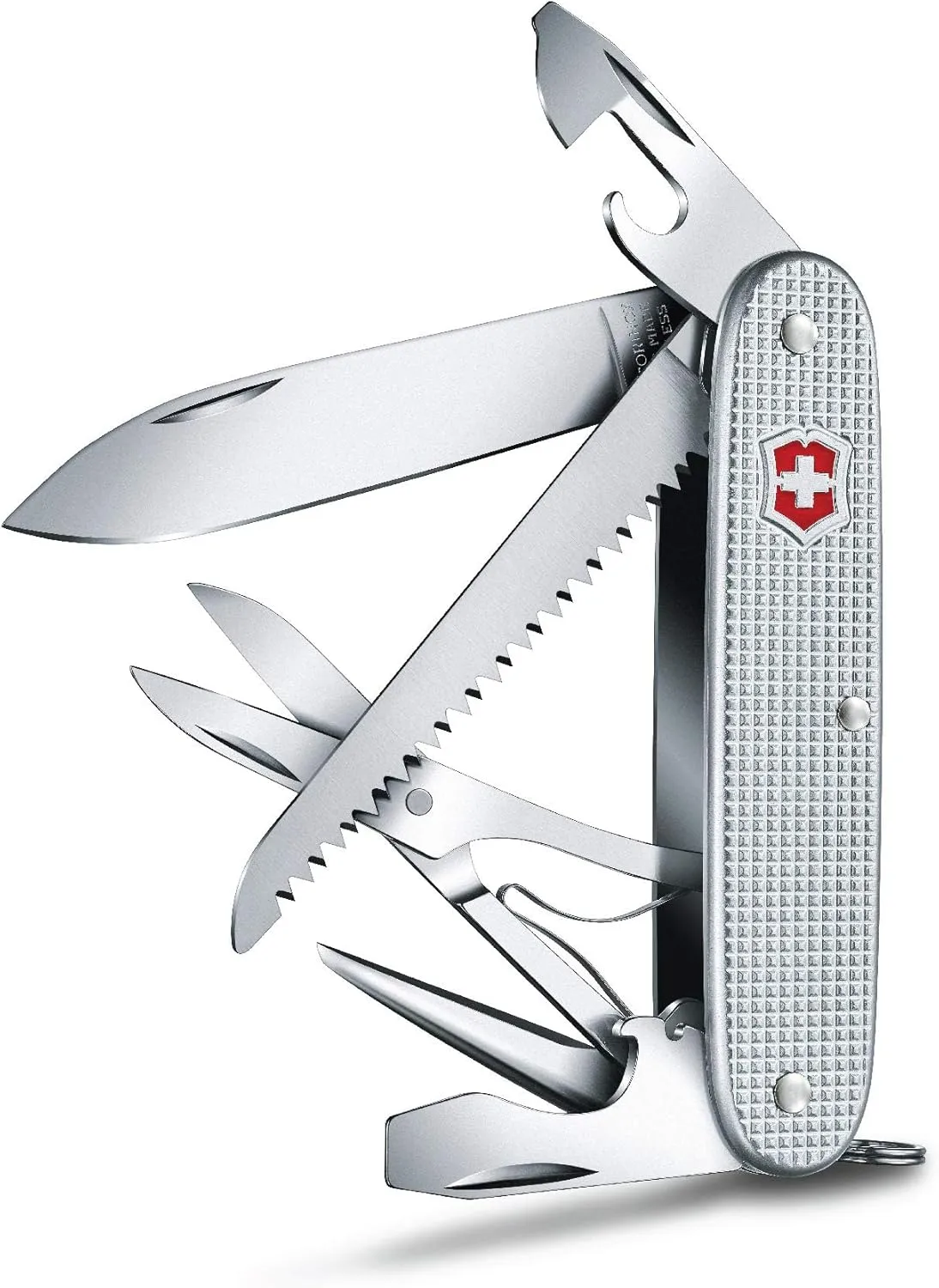 Victorinox Farmer X Alox Swiss Army Knife 10 Function Swiss Made Pocket Knife with Large Blade, Wood Saw, Bottle Opener and Reamer - Silver