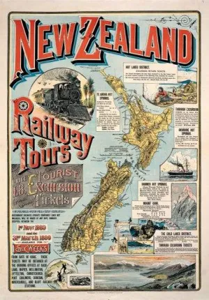Vintage New Zealand Railway Tours Map 1889