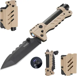 VIPERADE VAK6-S Survival Multitool with Folding Knife, LED Flashlight and Pulse Ignition, EDC Pocket Knife for men, Rechargeable Flashlight with Belt Sheath (Beige)