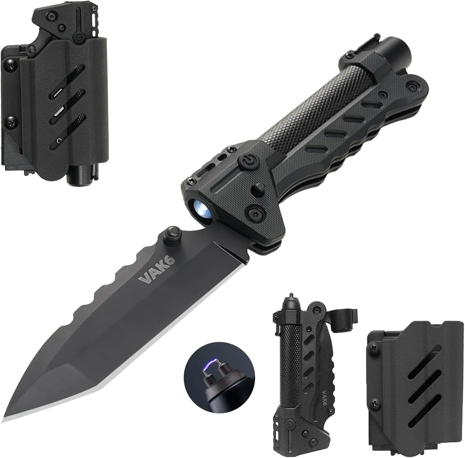 VIPERADE VAK6-S Survival Multitool with Folding Knife, LED Flashlight and Pulse Ignition, EDC Pocket Knife for men, Rechargeable Flashlight with Belt Sheath (Black)