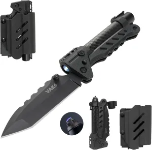 VIPERADE VAK6-S Survival Multitool with Folding Knife, LED Flashlight and Pulse Ignition, EDC Pocket Knife for men, Rechargeable Flashlight with Belt Sheath (Black)