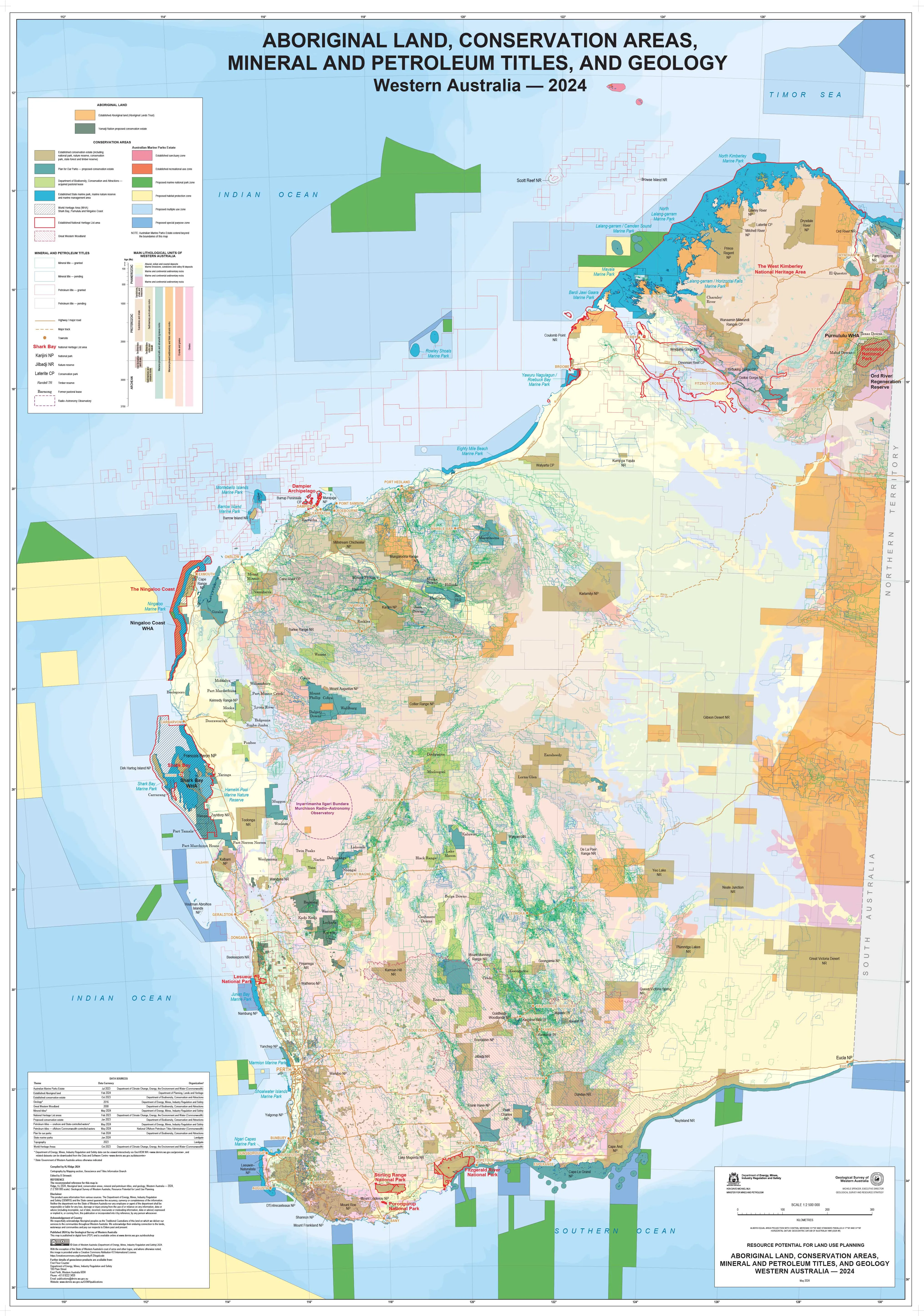WA Aboriginal Land, Conservation Areas, Mineral and Petroleum Titles and Geology 1015 x 1450mm Wall Map