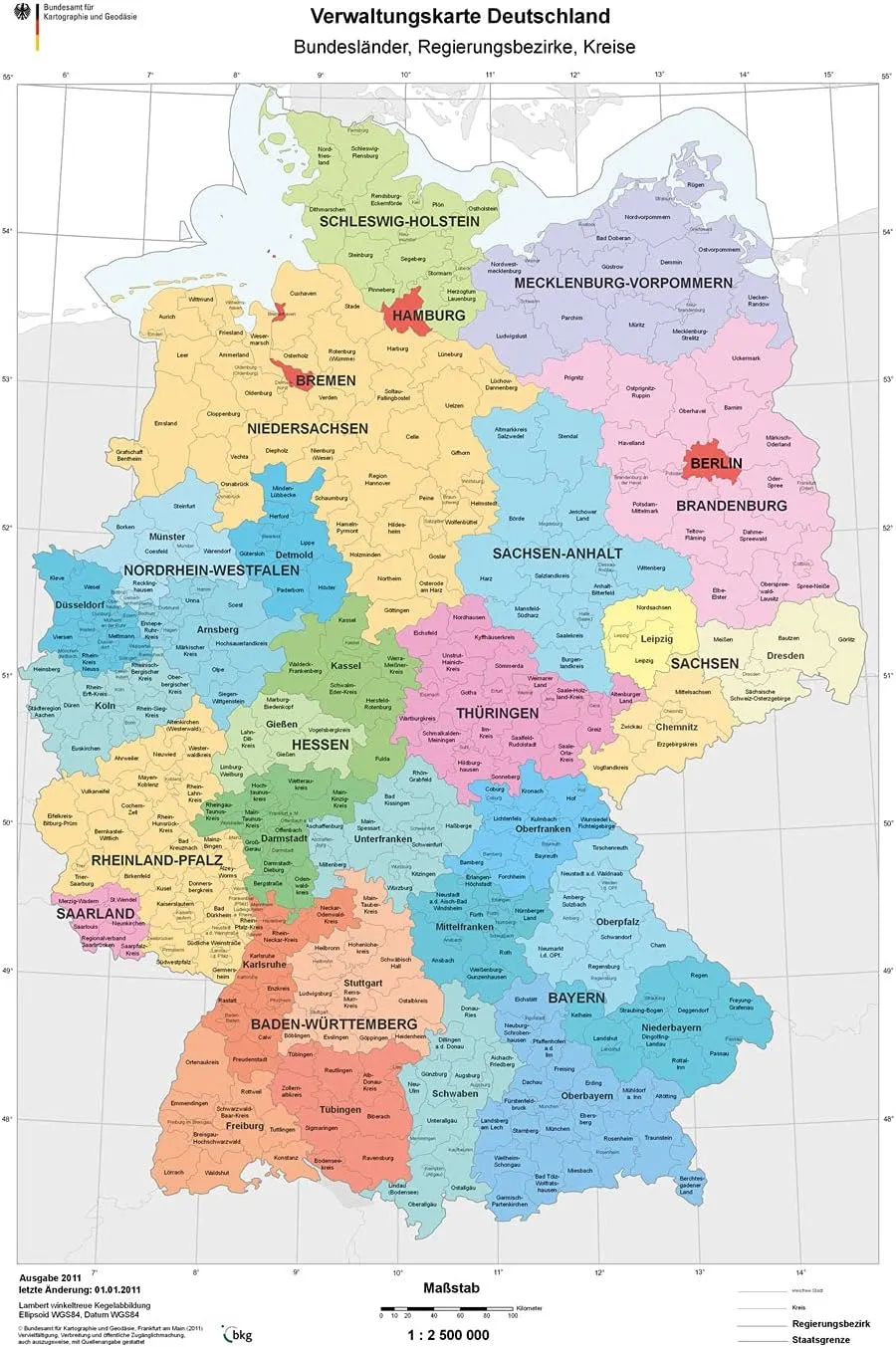 Wall Art Impact 33"x24" Poster Verwaltungskarte Bundeslander Deutschland, Districts of Germany Map [Laminated]