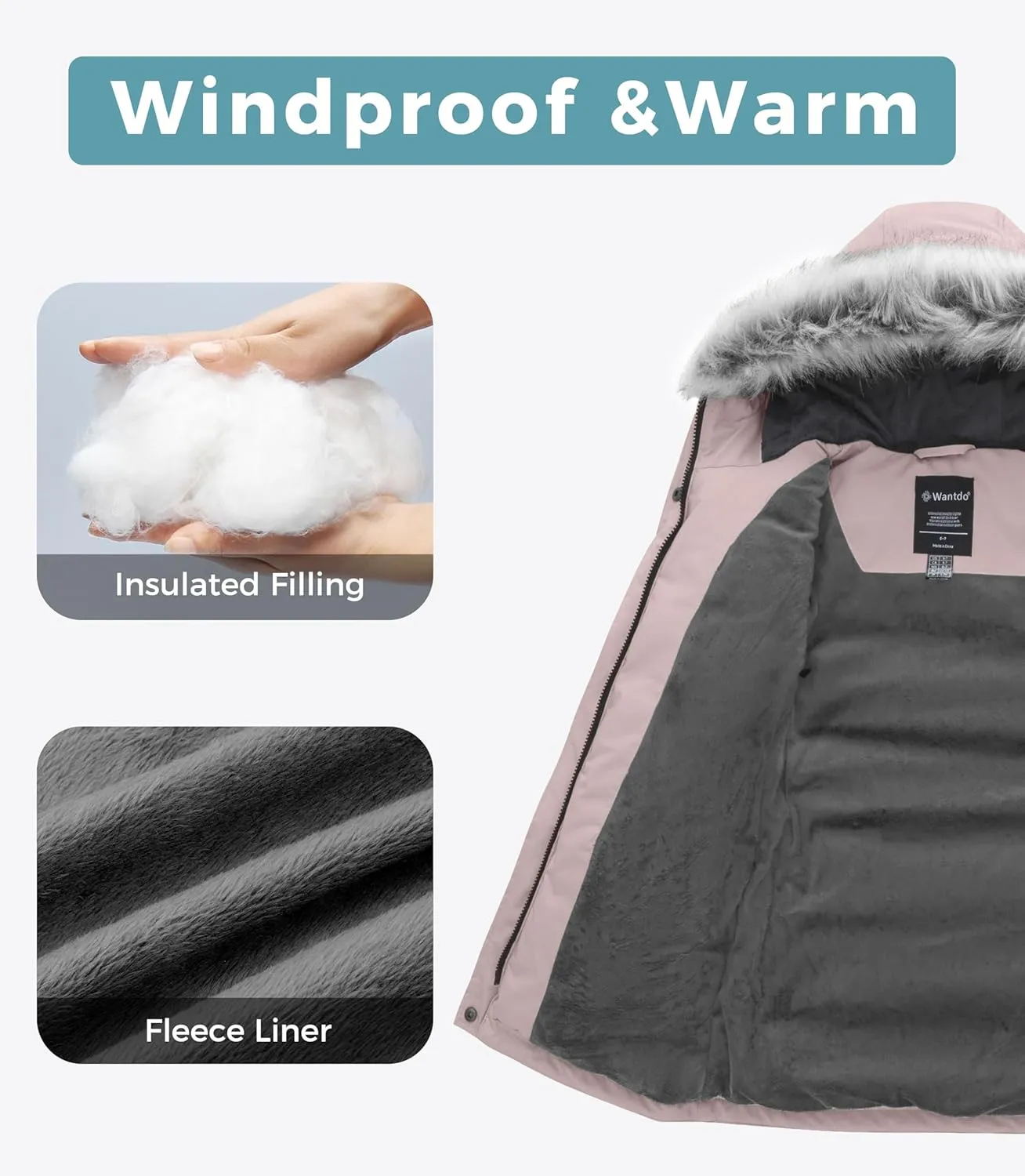 Wantdo Girl's Winter Coat Warm Windproof Insulated Hiking Warm Long Sleeve Puffer Outdoor Running Fall Jacket with Hood