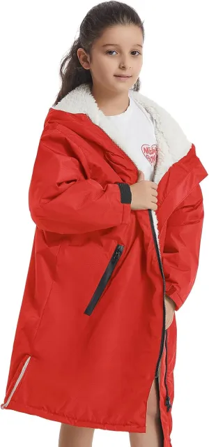 Warm Thick Lambswool Swim Parka for Kids, Oversized Hooded Surf Poncho Loose Waterproof Swimming Coat（7-14 Years Old）