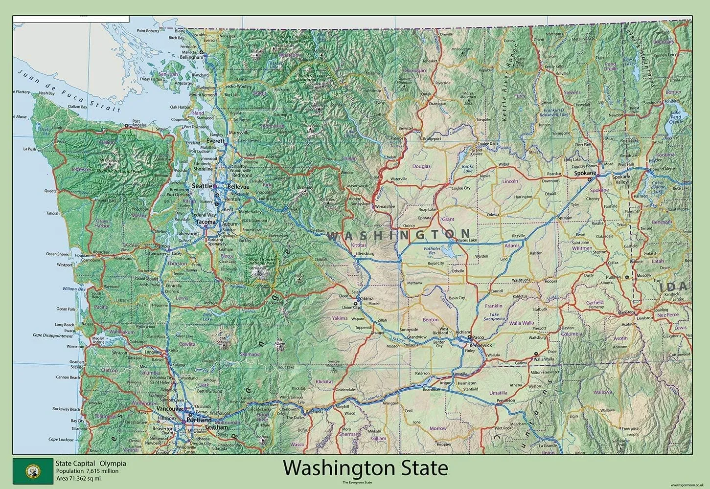 Washington State Map - 23.3 x 16.5 inches – Paper Laminated
