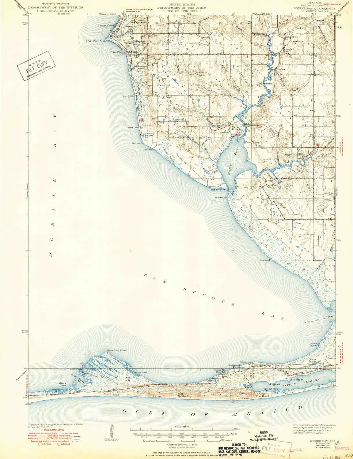 Weeks Bay AL topo map, 1:62500 Scale, 15 X 15 Minute, Historical, 1943, Updated 1950, 22.7 x 17.4 in