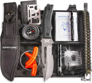 Weyland Ultimate Survival Kit – 11-in-1 Outdoor Gear with Survival Knife, Fire Starter, Compass, Multitool, Paracord Bracelet, & Case for Camping, Hiking, Emergency Preparedness