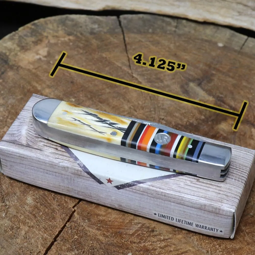 WHISKEY BENT HAT CO. Traditional Trapper Folding Pocket Knife 4.125" Closed Length 440C Stainless Steel Blades (Bandito - Damascus Blades)