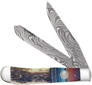 WHISKEY BENT HAT CO. Traditional Trapper Folding Pocket Knife 4.125" Closed Length 440C Stainless Steel Blades (Bandito - Damascus Blades)