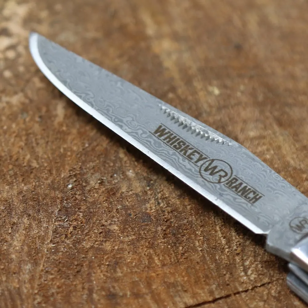 WHISKEY BENT HAT CO. Traditional Trapper Folding Pocket Knife 4.125" Closed Length 440C Stainless Steel Blades (Bandito - Damascus Blades)