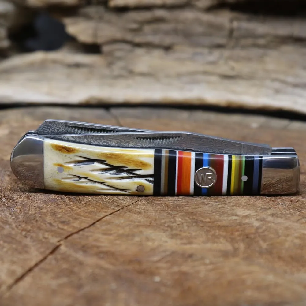 WHISKEY BENT HAT CO. Traditional Trapper Folding Pocket Knife 4.125" Closed Length 440C Stainless Steel Blades (Bandito - Damascus Blades)