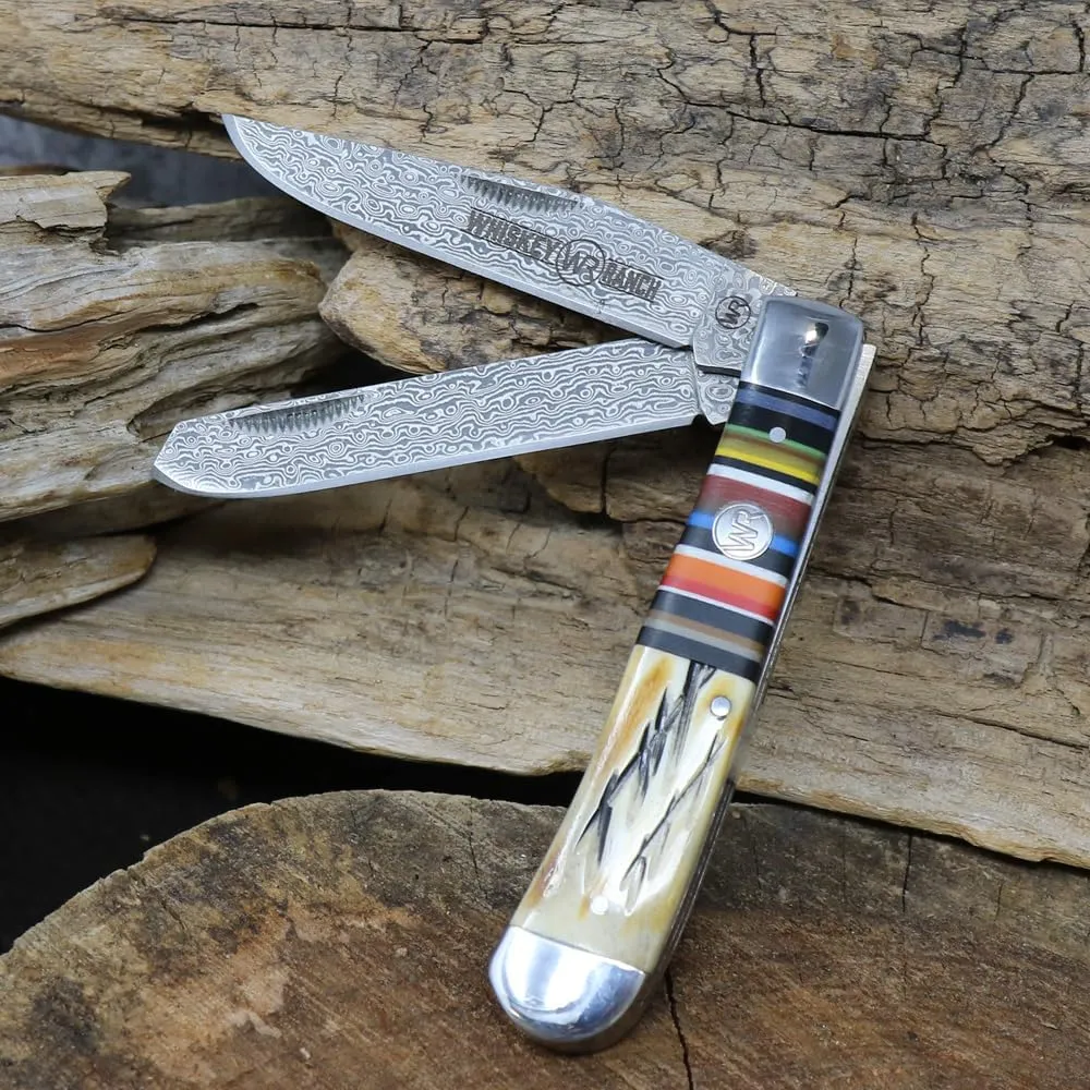 WHISKEY BENT HAT CO. Traditional Trapper Folding Pocket Knife 4.125" Closed Length 440C Stainless Steel Blades (Bandito - Damascus Blades)