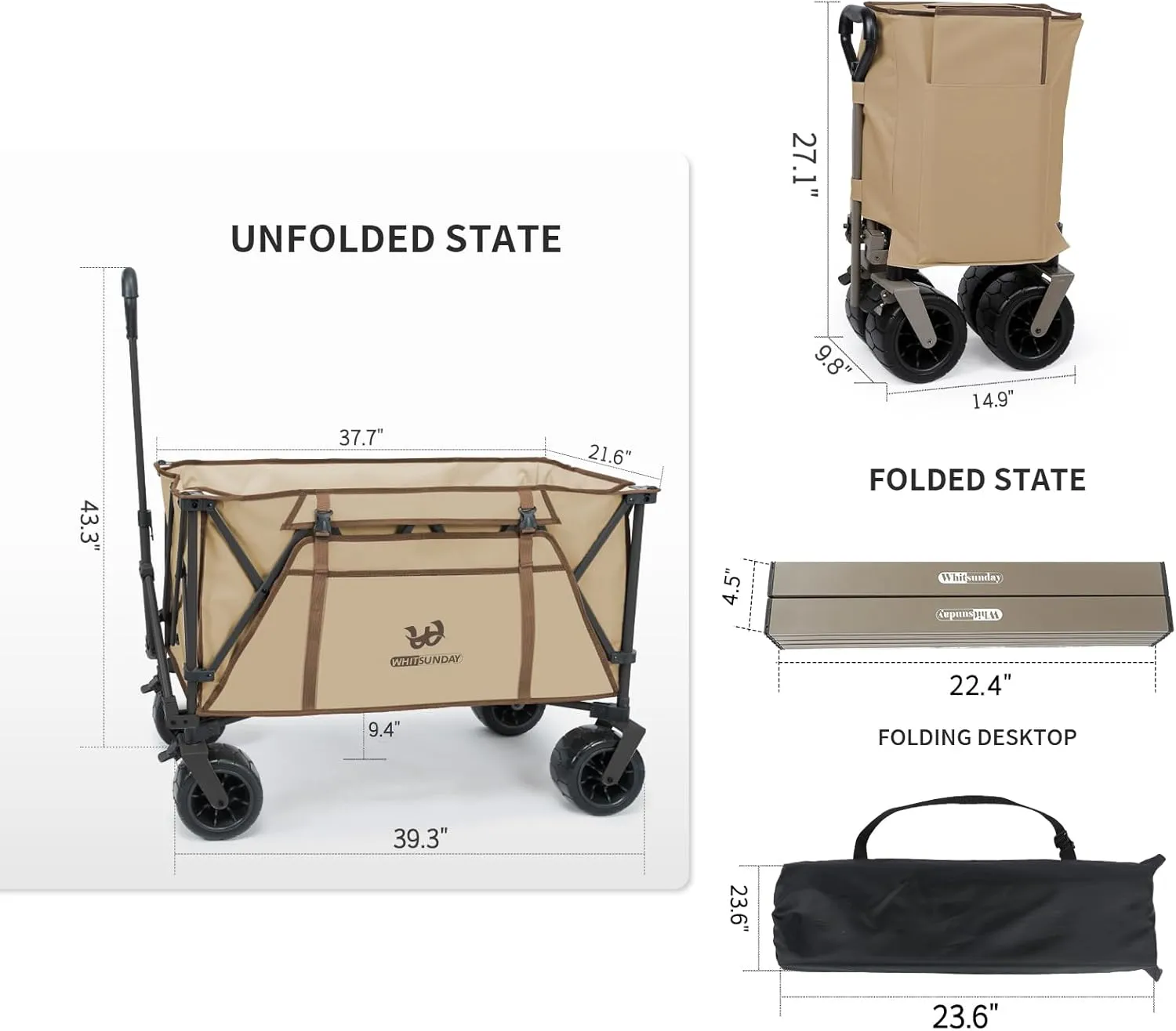 Whitsunday Collapsible Heavy Duty Wagon with All Terrian Wheel, 440Lbs Foldable Utility Camping Park Wagon Cart with Table & Shovel for Beach