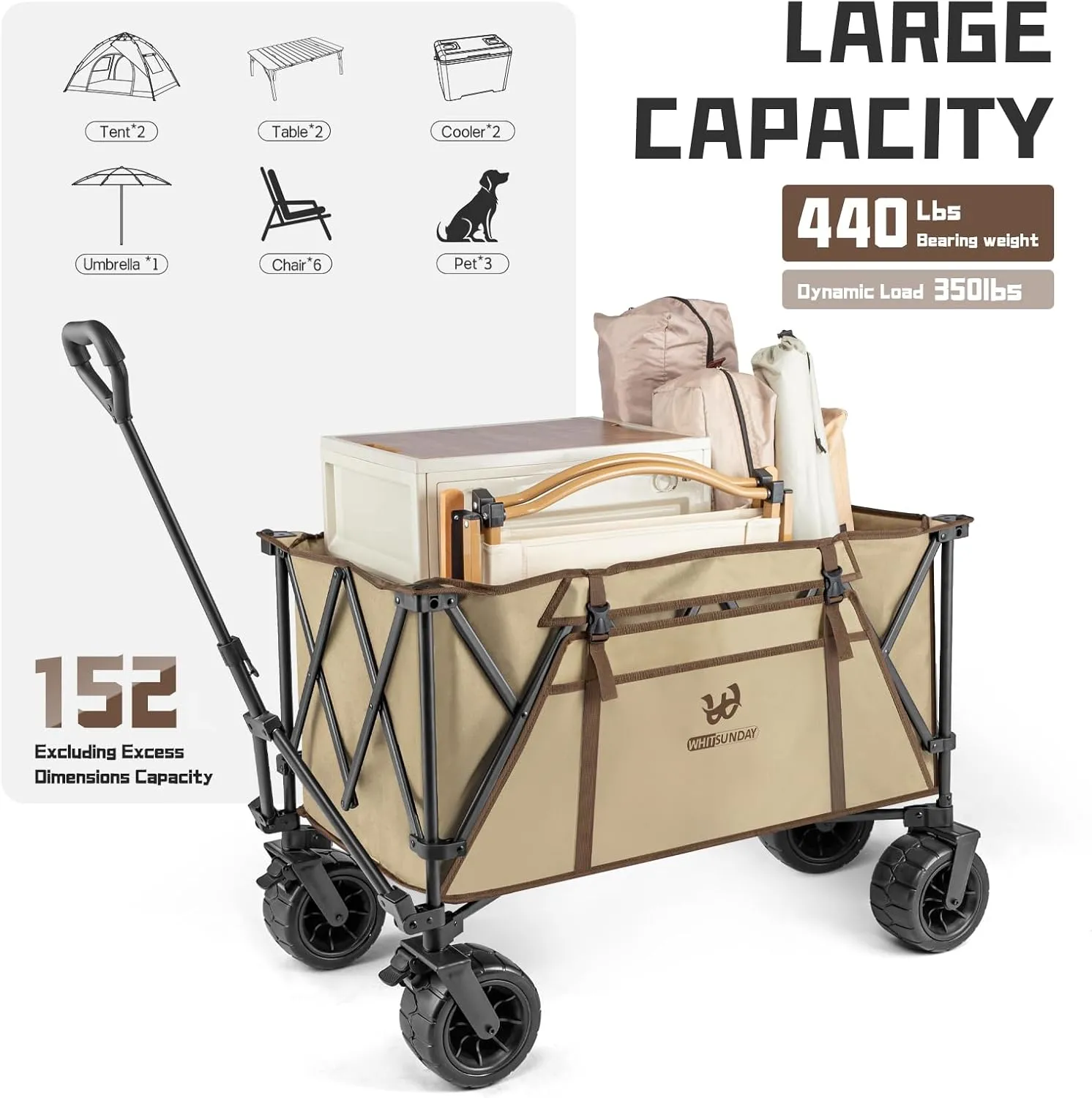 Whitsunday Collapsible Heavy Duty Wagon with All Terrian Wheel, 440Lbs Foldable Utility Camping Park Wagon Cart with Table & Shovel for Beach