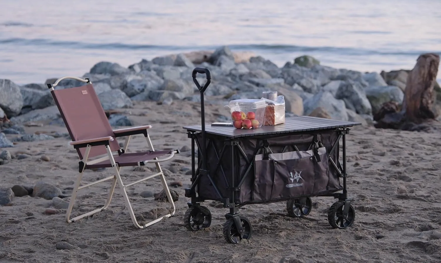 Whitsunday Folding Collapsible Utility Wagon, 400Lbs Heavy Duty Outdoor Park Beach Wagon with Table and Side Pocket for Garden Camping Sports Shopping Grey