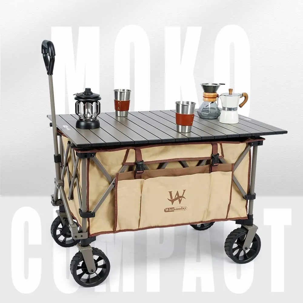 Whitsunday Folding Collapsible Wagon Cart, Beach Heavy Duty Wagon with Table,Utility Grocery Cart for Camping Sports Outdoor Shopping Park Khaki