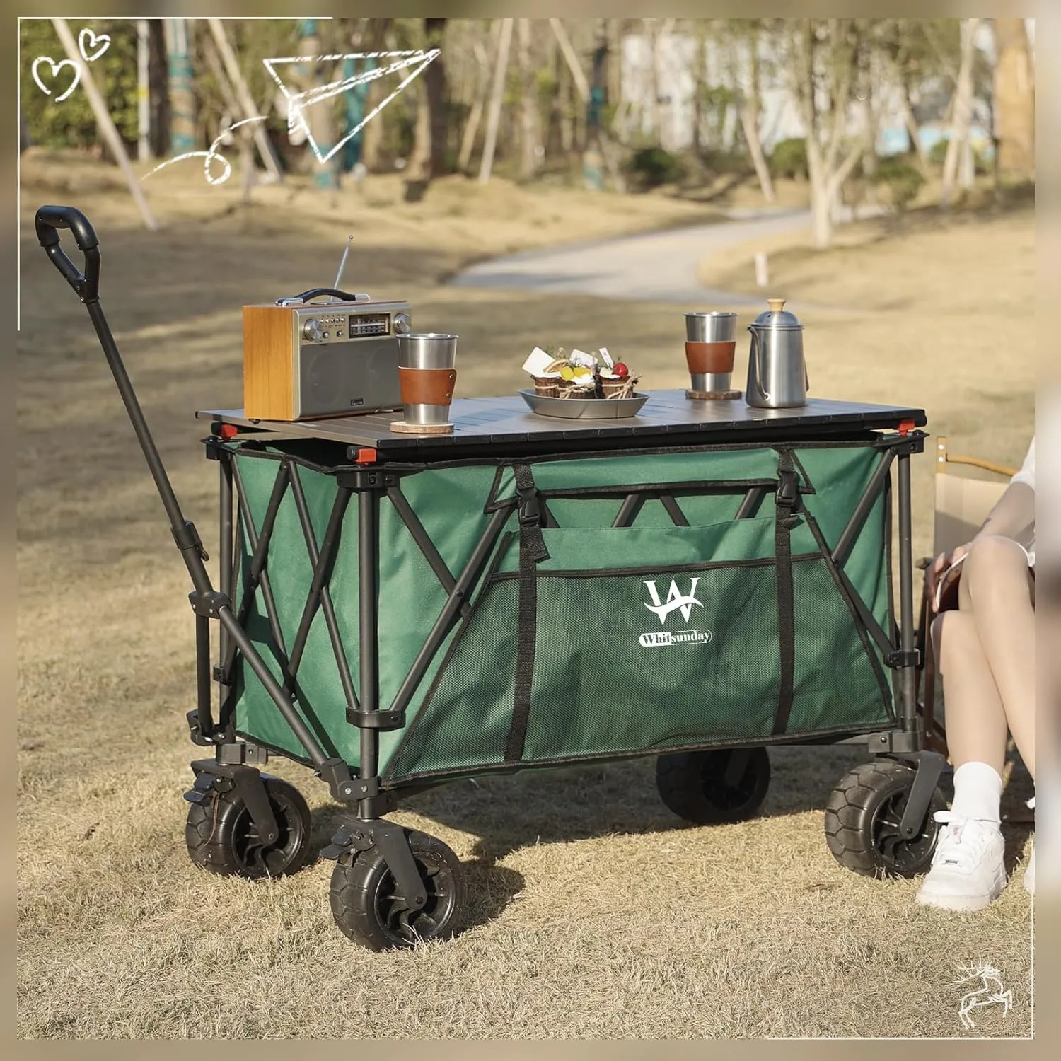 Whitsunday Folding Collapsible Wagon,440Lbs Heavy Duty Foldable Utility Camping Wagon Cart with Table & Shovel and All Terrian Wheel for Beach,Outdoor Green