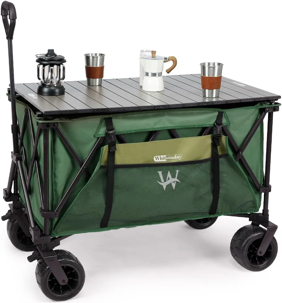 Whitsunday Folding Collapsible Wagon,440Lbs Heavy Duty Foldable Utility Camping Wagon Cart with Table & Shovel and All Terrian Wheel for Beach,Outdoor Green