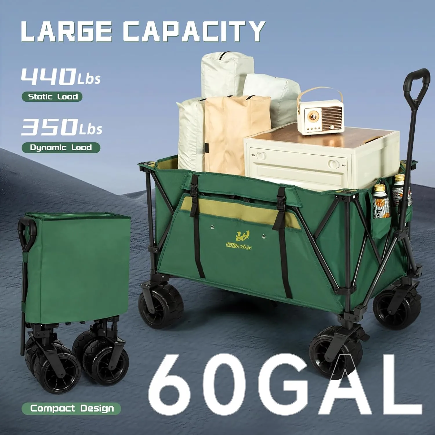 Whitsunday Folding Collapsible Wagon,440Lbs Heavy Duty Foldable Utility Camping Wagon Cart with Table & Shovel and All Terrian Wheel for Beach,Outdoor Green