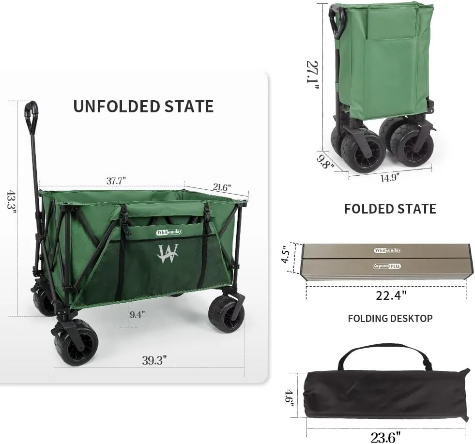 Whitsunday Folding Collapsible Wagon,440Lbs Heavy Duty Foldable Utility Camping Wagon Cart with Table & Shovel and All Terrian Wheel for Beach,Outdoor Green