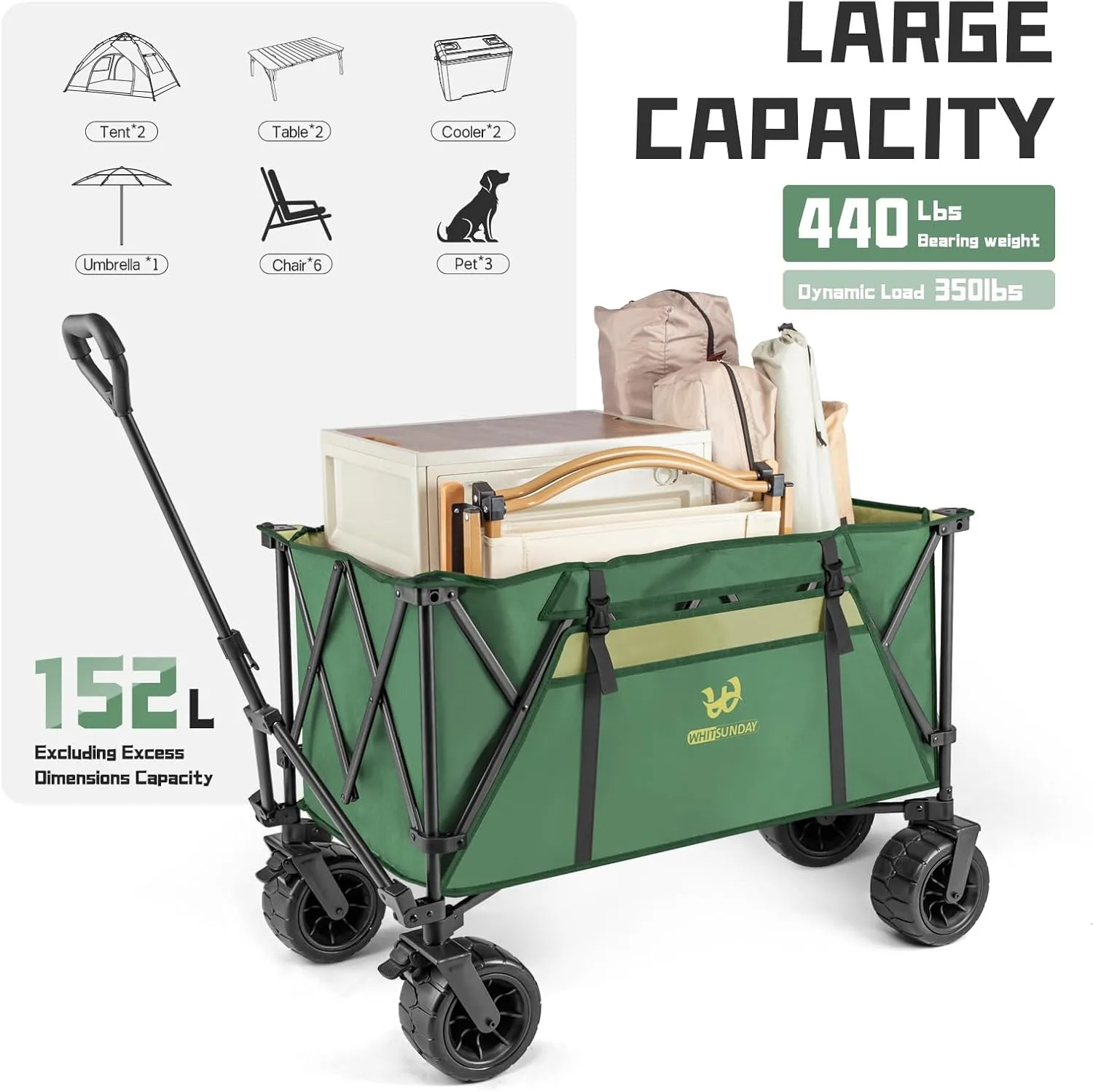 Whitsunday Folding Collapsible Wagon,440Lbs Heavy Duty Foldable Utility Camping Wagon Cart with Table & Shovel and All Terrian Wheel for Beach,Outdoor Green