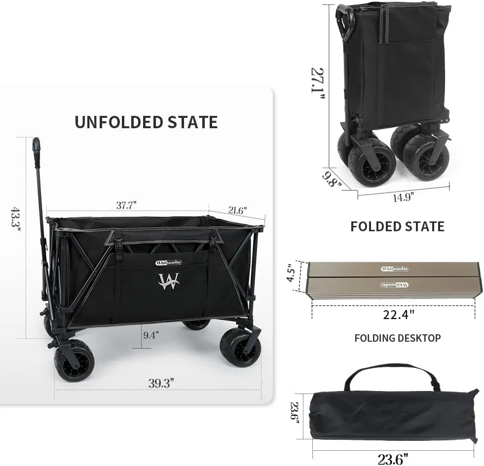 Whitsunday Heavy Duty Collapsible Wagon, 440Lbs Folding Beach Wagon Cart, All Terrain Wheel & Extra Large Utility Camping Park with Table & Shovel