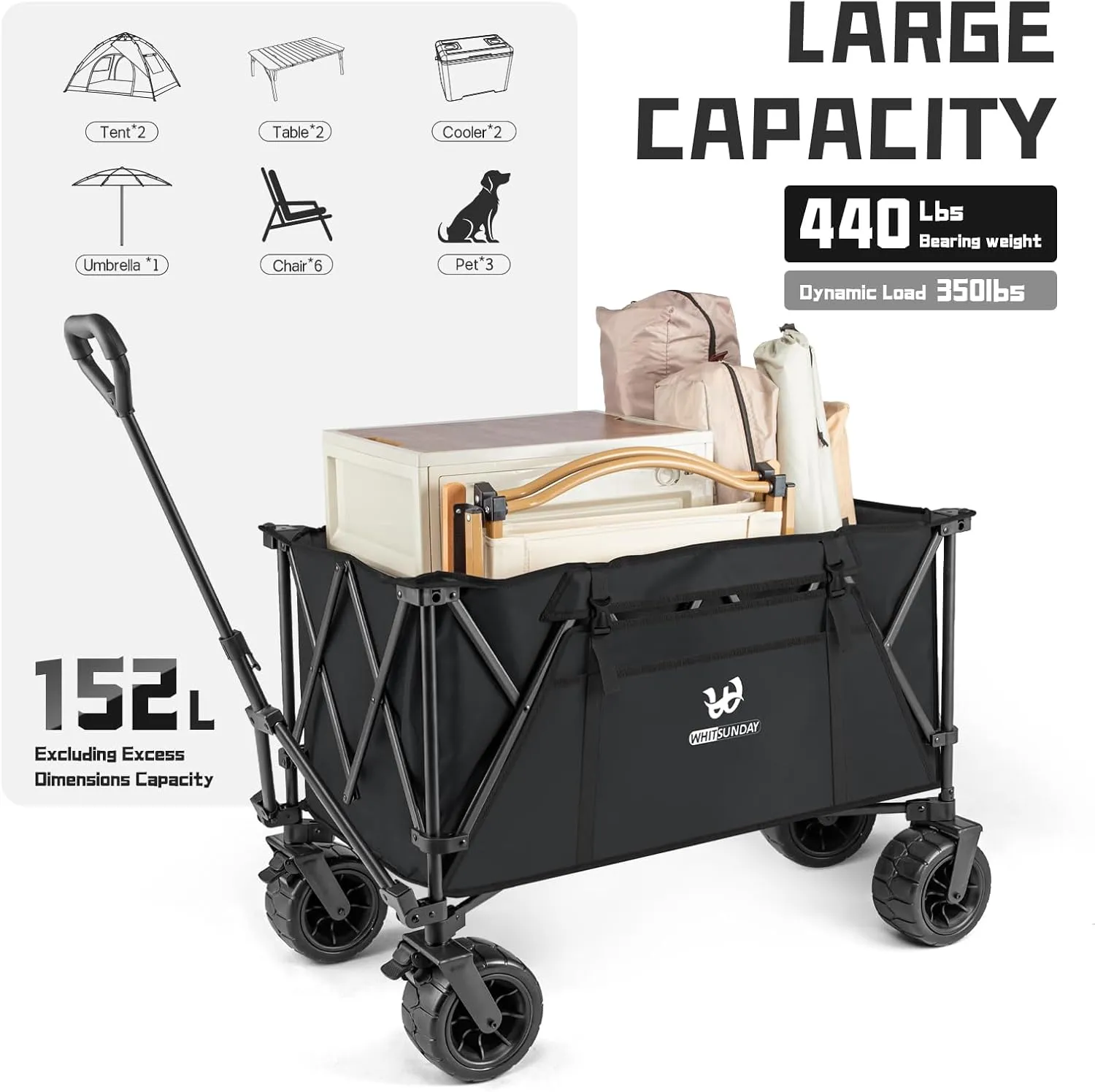Whitsunday Heavy Duty Collapsible Wagon, 440Lbs Folding Beach Wagon Cart, All Terrain Wheel & Extra Large Utility Camping Park with Table & Shovel