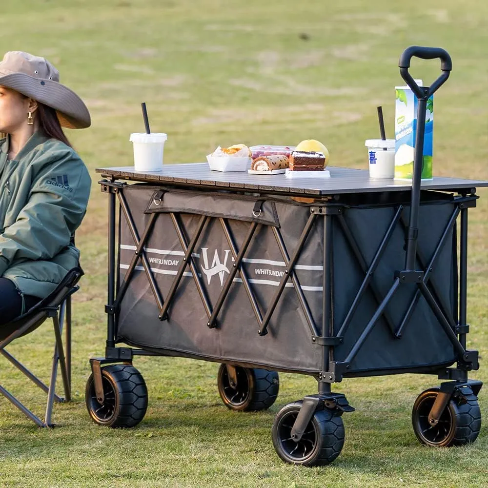 Whitsunday Heavy Duty Collapsible Wagon Cart,440Lbs Folding Outdoor All Terrian Wheel Utility Camping Park Wagon Cart with Table & Shovel (Grey)