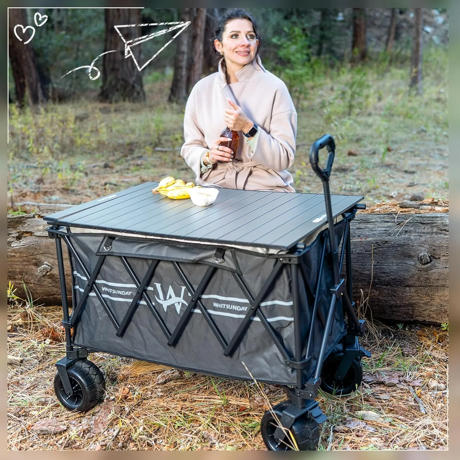 Whitsunday Heavy Duty Collapsible Wagon Cart,440Lbs Folding Outdoor All Terrian Wheel Utility Camping Park Wagon Cart with Table & Shovel (Grey)