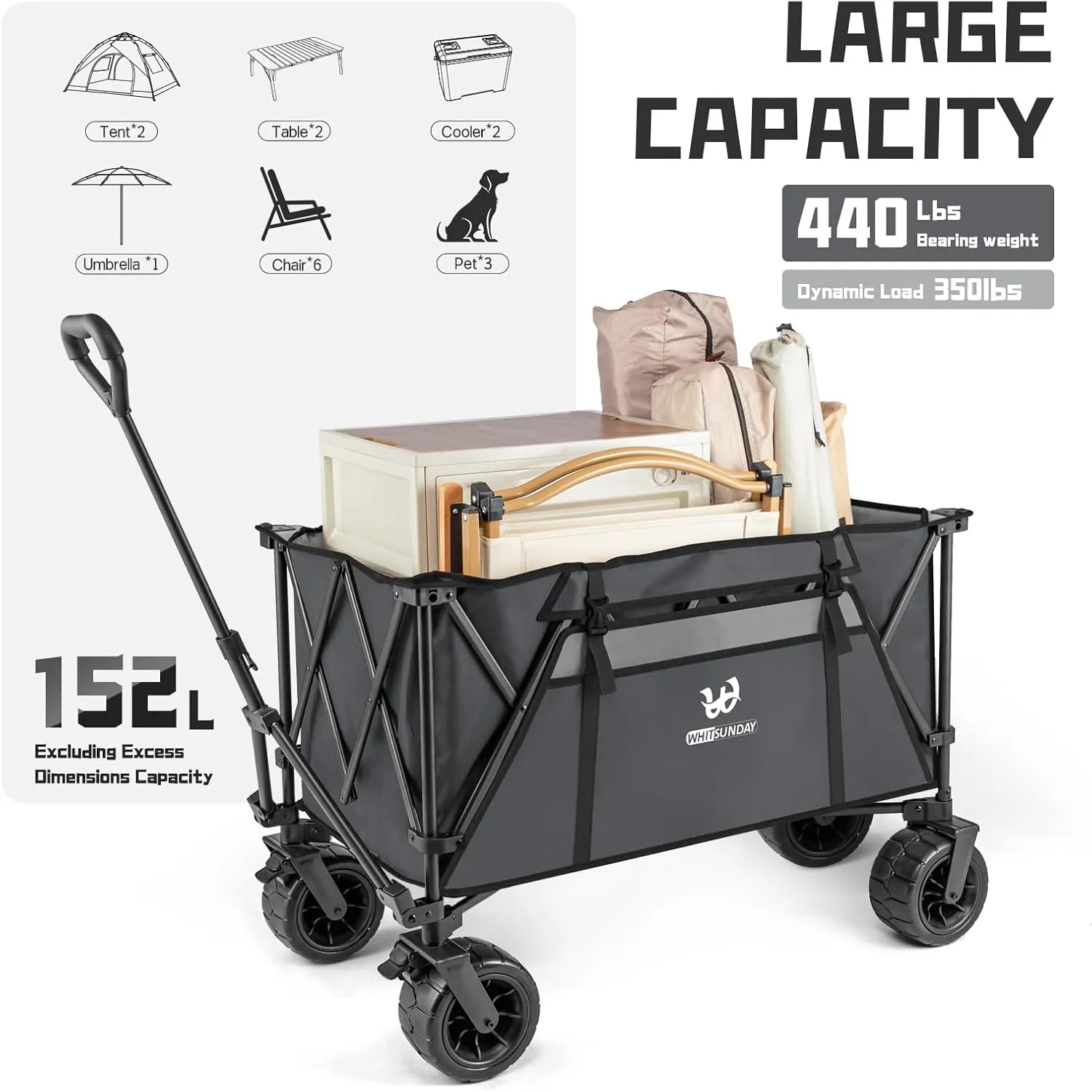 Whitsunday Heavy Duty Collapsible Wagon Cart,440Lbs Folding Outdoor All Terrian Wheel Utility Camping Park Wagon Cart with Table & Shovel (Grey)