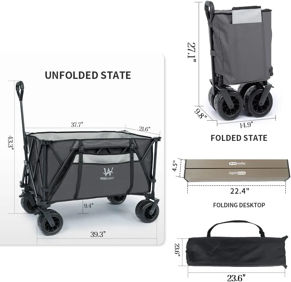 Whitsunday Heavy Duty Collapsible Wagon Cart,440Lbs Folding Outdoor All Terrian Wheel Utility Camping Park Wagon Cart with Table & Shovel (Grey)