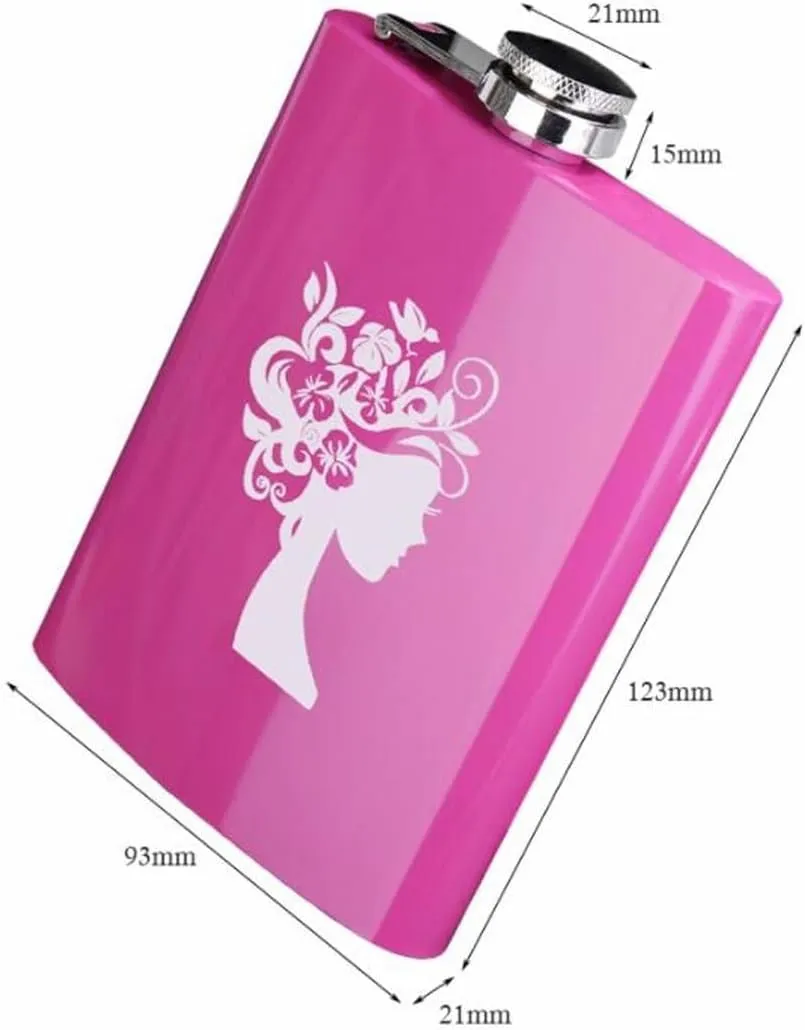 Women Portable Travel Small Flasks Stainless Steel Flasks with Funnel Wedding Party Birthdays 8Oz(D)