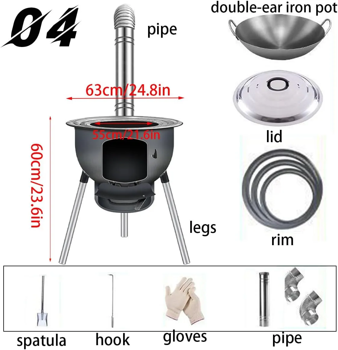Wood Burning Stove for Outdoor Cooking, Portable Wood Stove, Multi-functional detachable windproof rocket stove for Cooking,Hiking,Backpacking (04 (24.8 in/63cm))