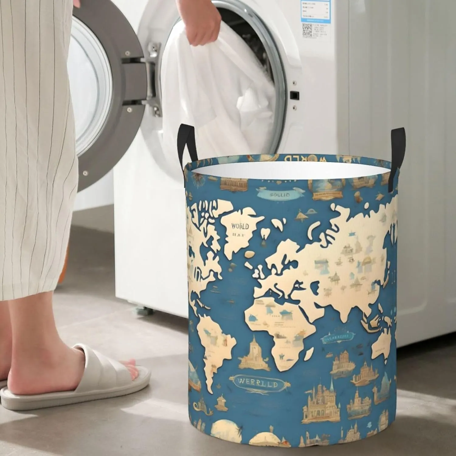 World Map Large Laundry Hampers, Collapsible Tall Clothes Baskets, Washing Bag For Bathroom, Bedrooms