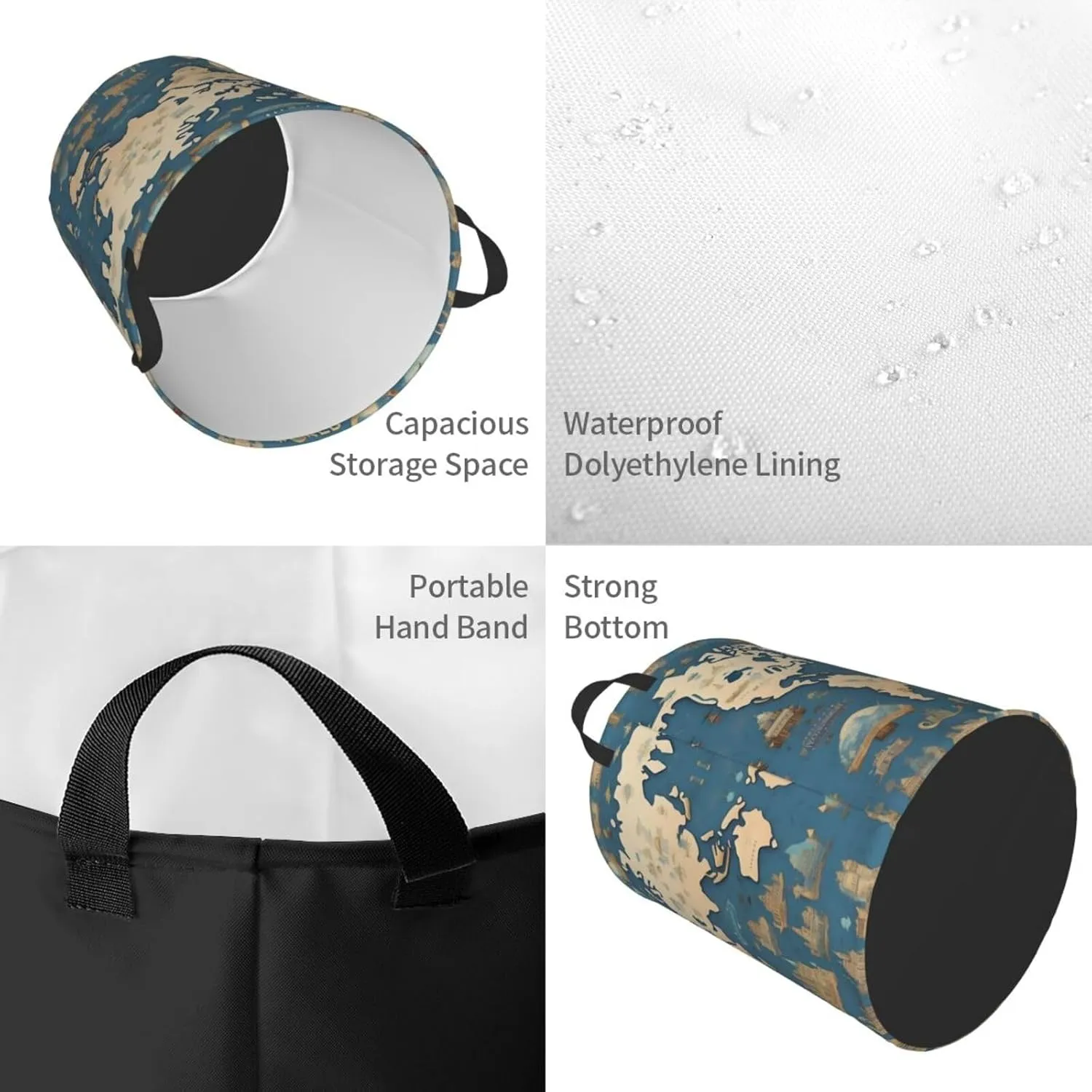 World Map Large Laundry Hampers, Collapsible Tall Clothes Baskets, Washing Bag For Bathroom, Bedrooms