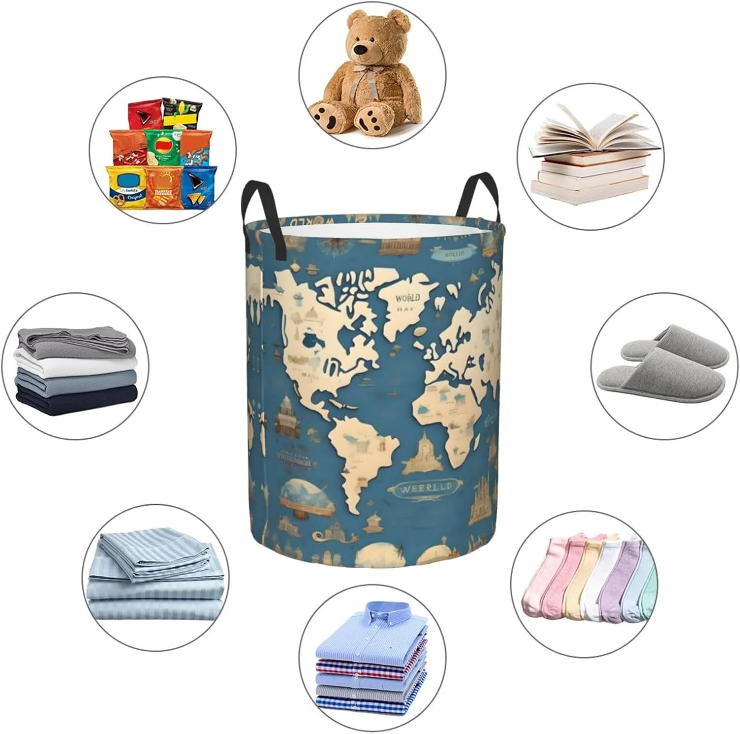 World Map Large Laundry Hampers, Collapsible Tall Clothes Baskets, Washing Bag For Bathroom, Bedrooms