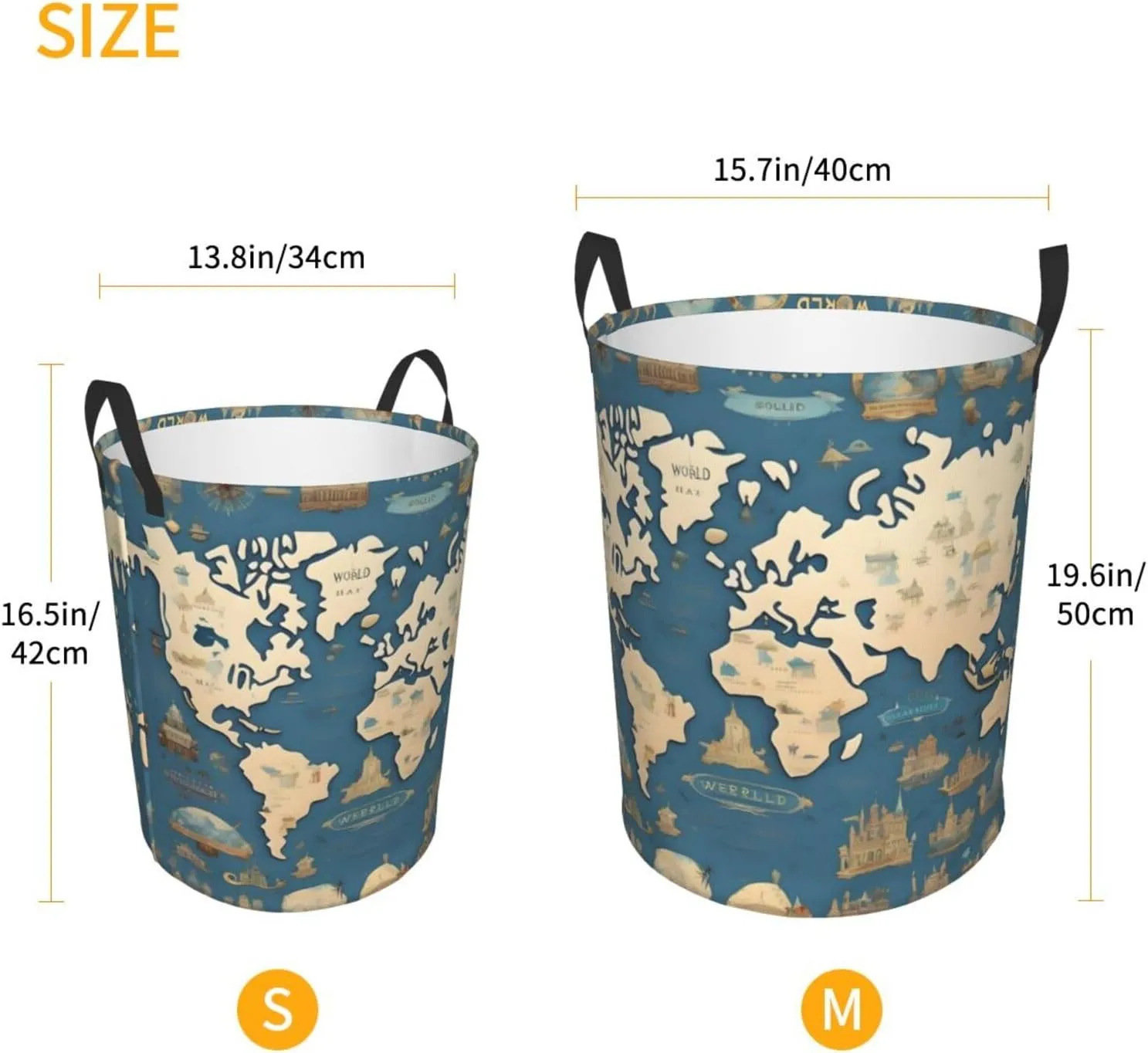 World Map Large Laundry Hampers, Collapsible Tall Clothes Baskets, Washing Bag For Bathroom, Bedrooms