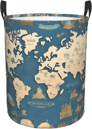 World Map Large Laundry Hampers, Collapsible Tall Clothes Baskets, Washing Bag For Bathroom, Bedrooms