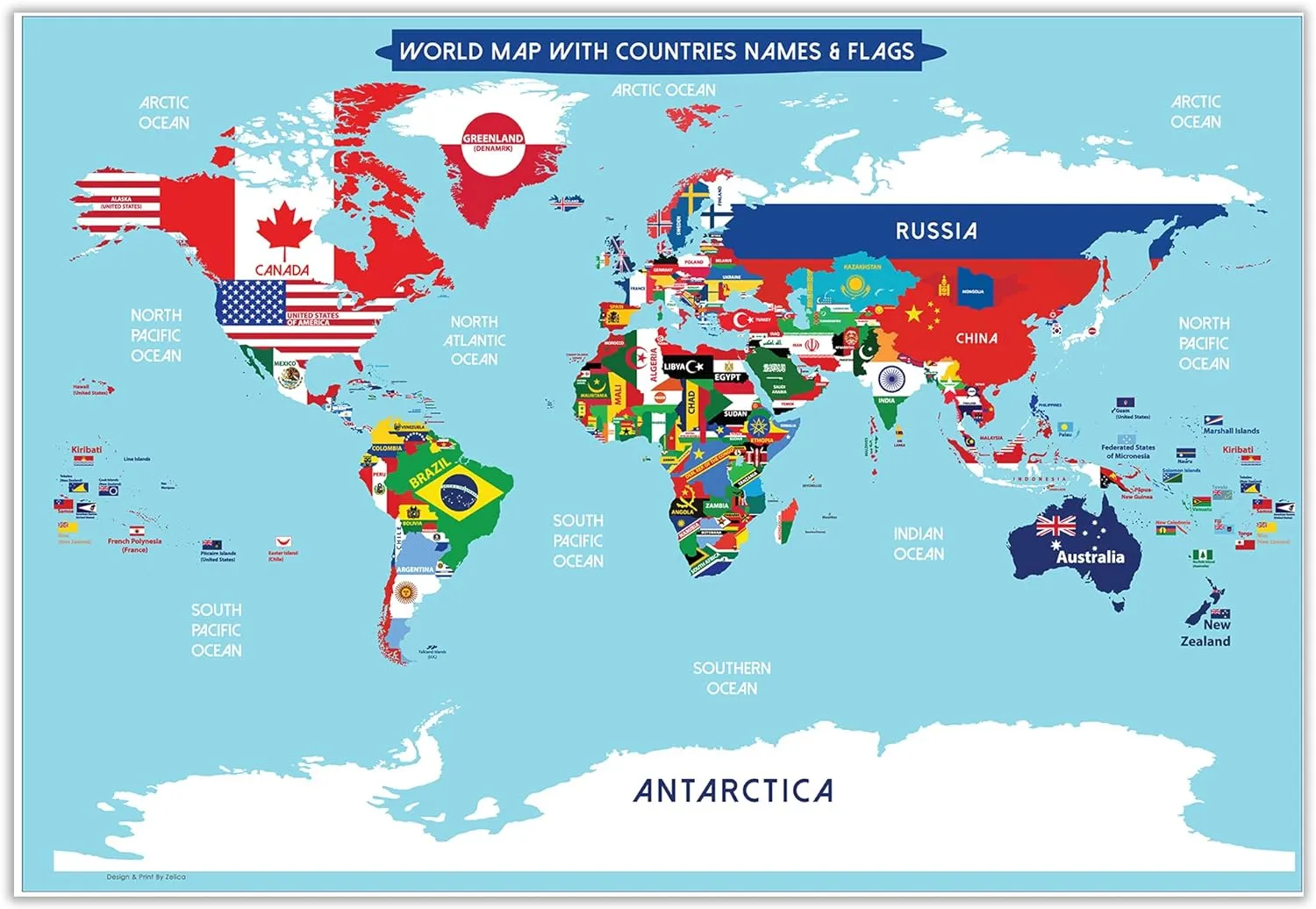 World Map Poster with Countries FLAGS For Kids (SMALL size13x19 World Map Laminated) Perfect World wall Map for School classroom or home